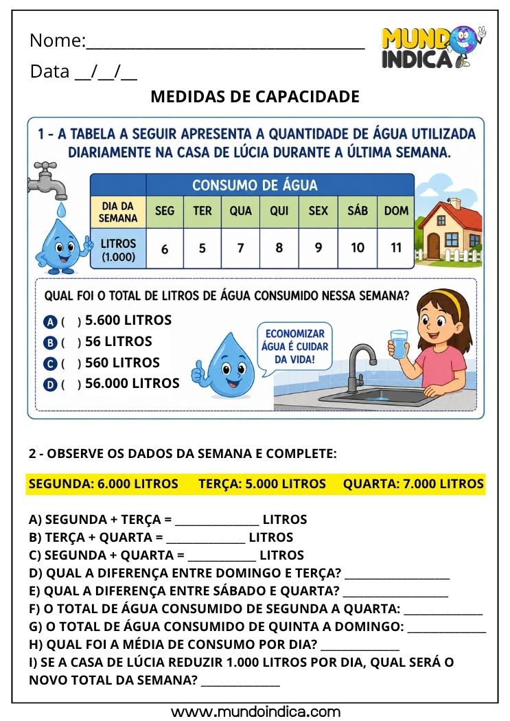 Atividade com Medidas de Capacidade para o 4º Ano para Imprimir com Litros, Mililitros e Situações do Cotidiano (BNCC)