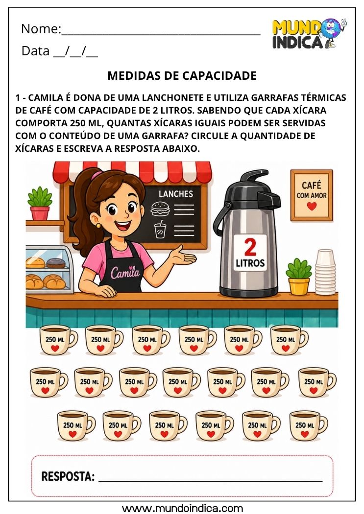 Atividade com Medidas de Capacidade para o 4º Ano para Imprimir com Litros, Mililitros e Situações do Cotidiano (BNCC)