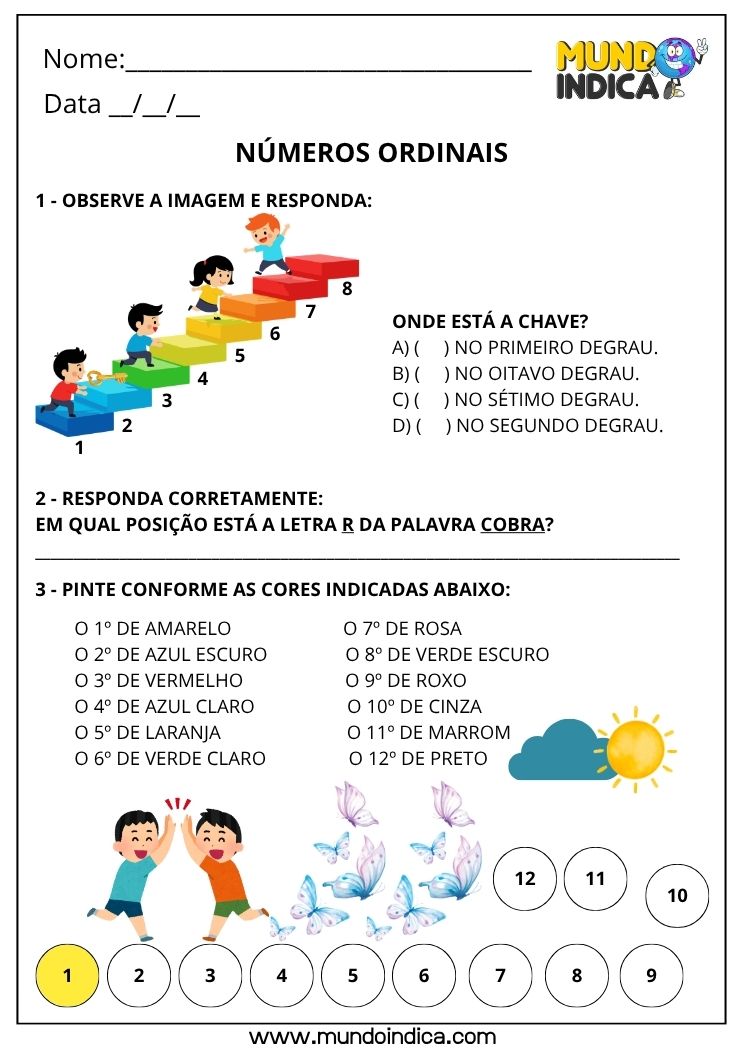 Atividade com Números Ordinais para 1º e 2º ano