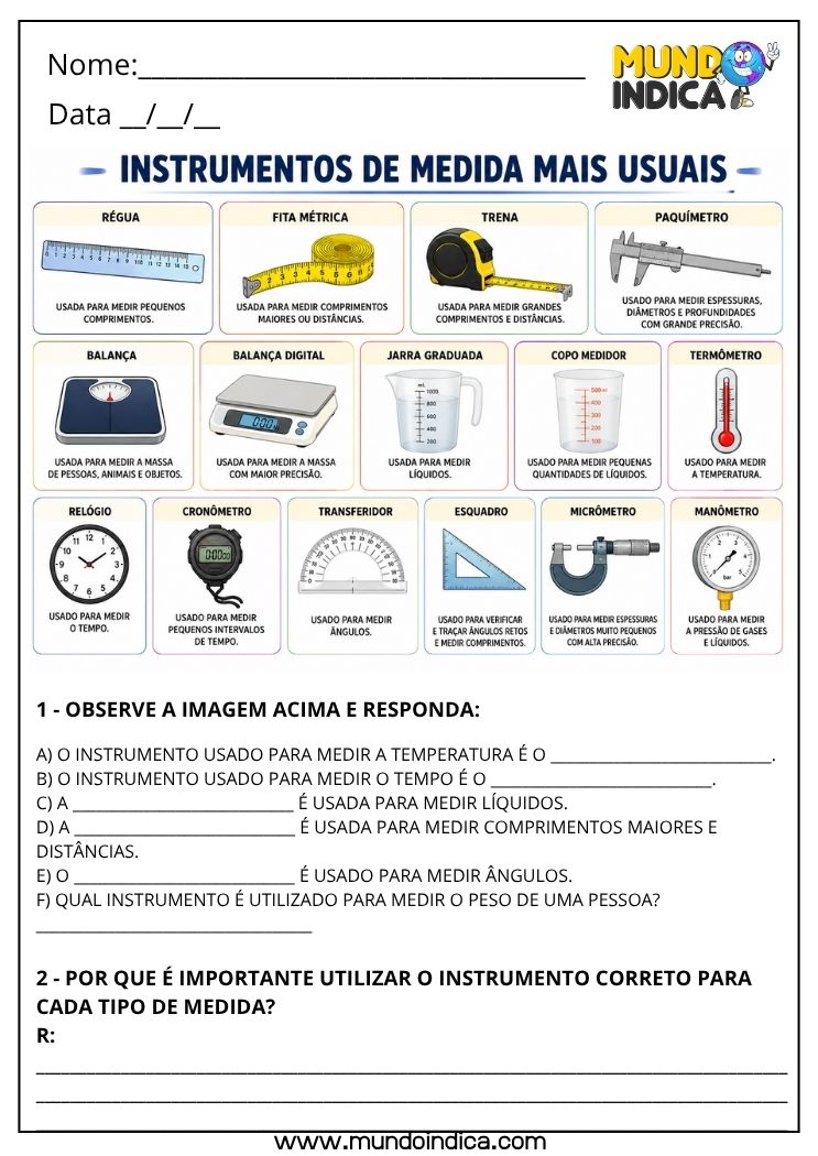 Atividade de Grandezas e Medidas 4º Ano para Imprimir com Instrumentos de Medida, Estimativas e Medidas Convencionais e Não Convencionais no Cotidiano (BNCC)