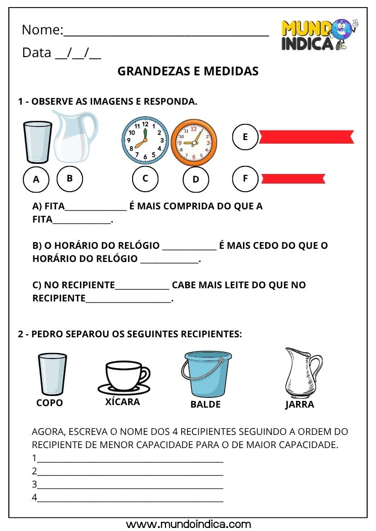 Atividade de Grandezas e Medidas para o 1º Ano