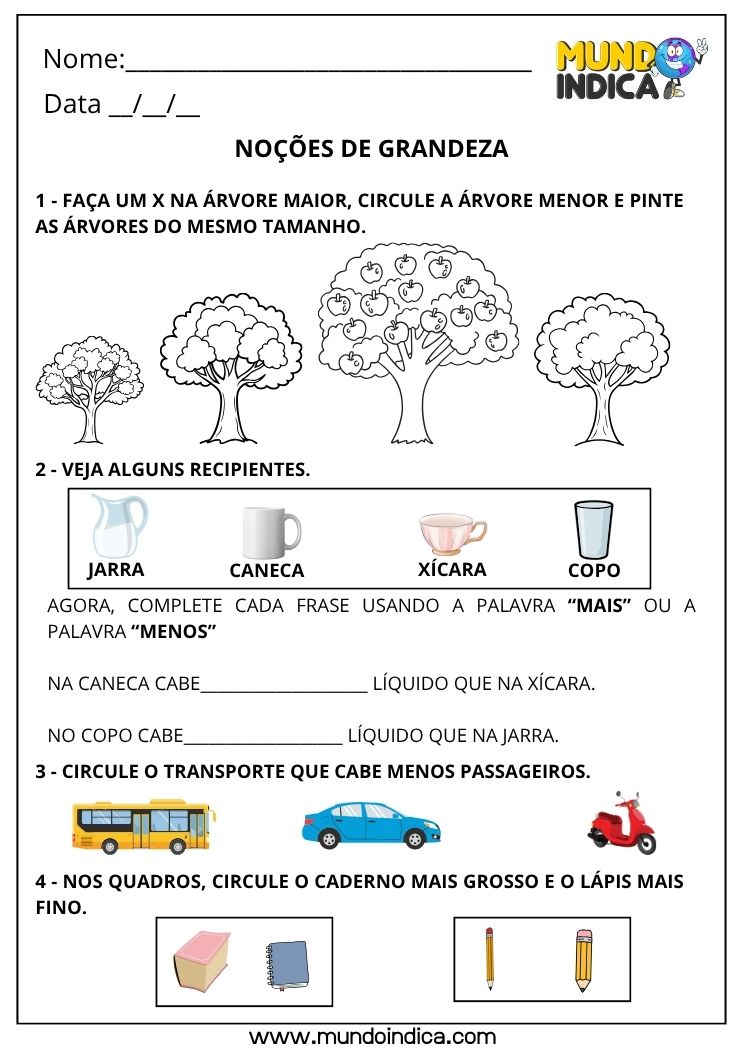 Atividade de Matemática 1º Ano com Comparação de Tamanho, Capacidade e Espessura
