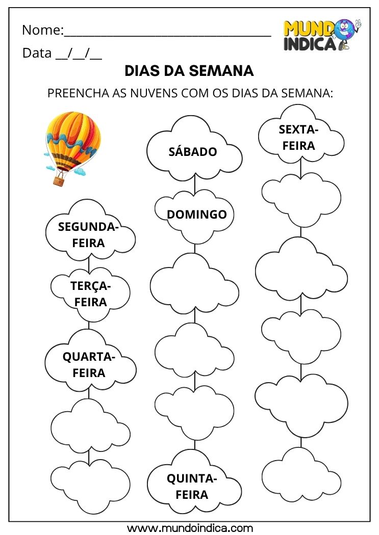 Atividade de Matemática 1º Ano com Dias da Semana para Completar