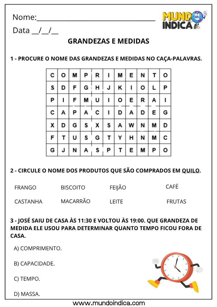 Atividade de Matemática 1º Ano com Grandezas e Medidas em Caça-Palavras e Situações do Cotidiano