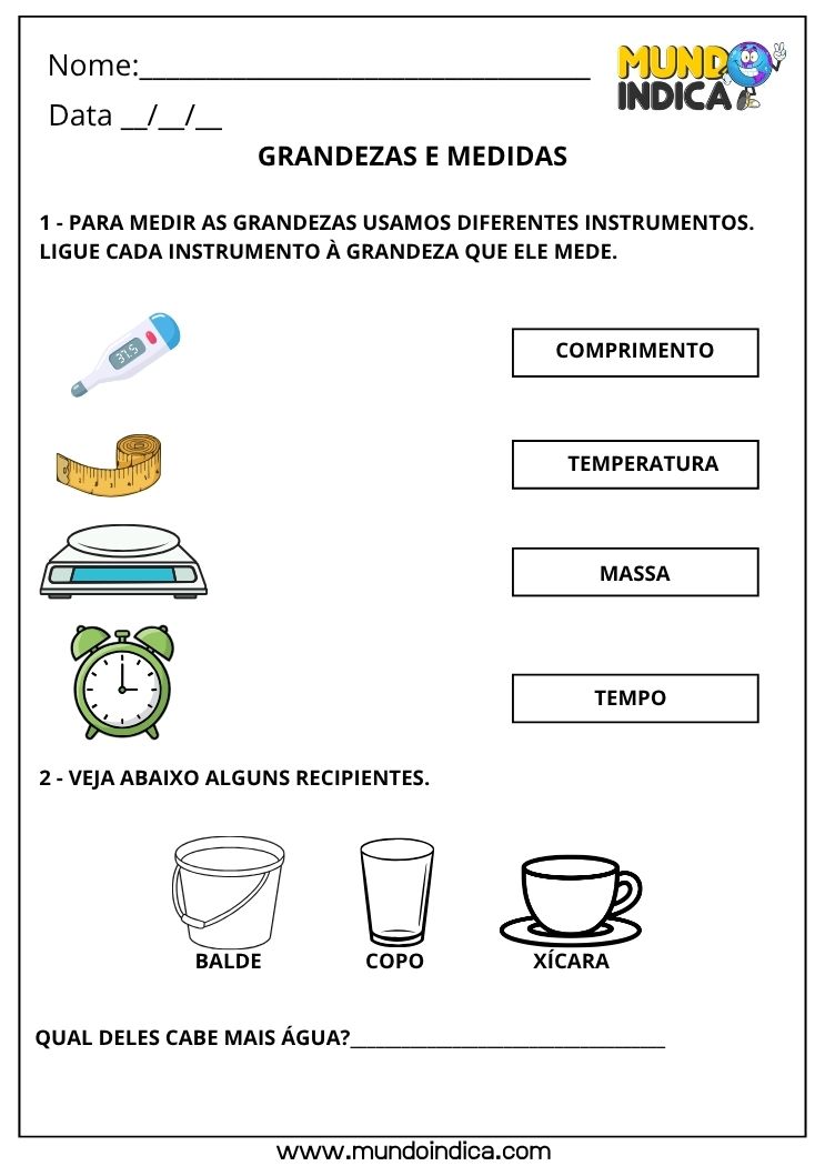 Atividade de Matemática 1º Ano com Instrumentos de Medida e Capacidade de Líquidos