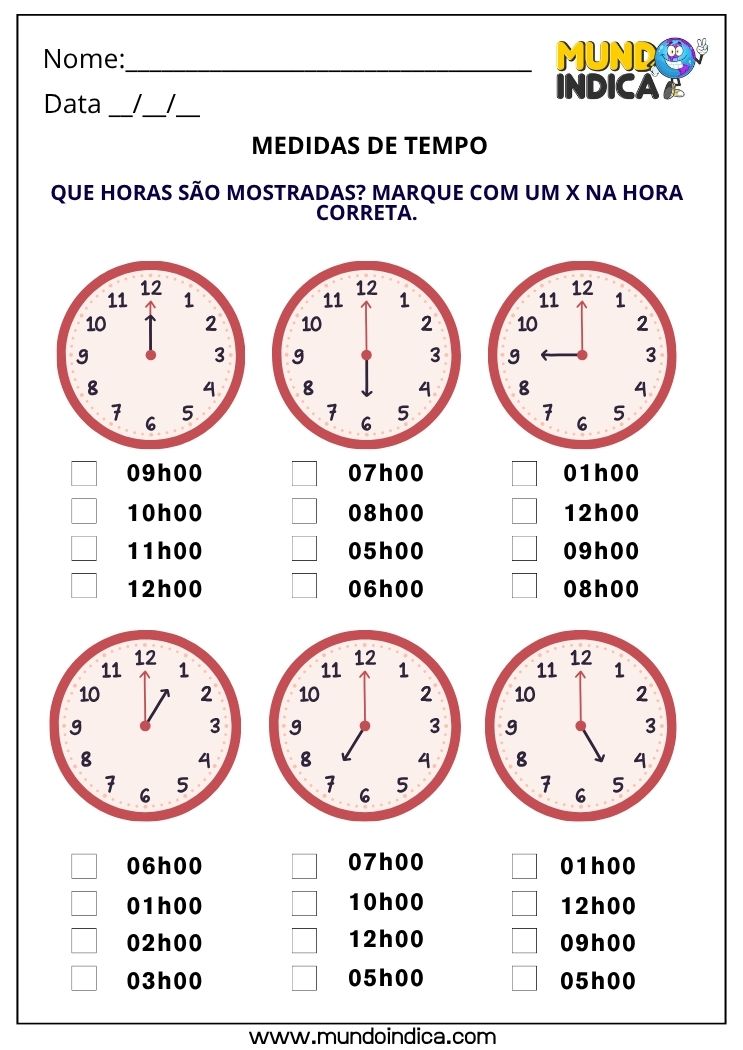 Atividade de Matemática 1º Ano com Leitura de Horas no Relógio Analógico