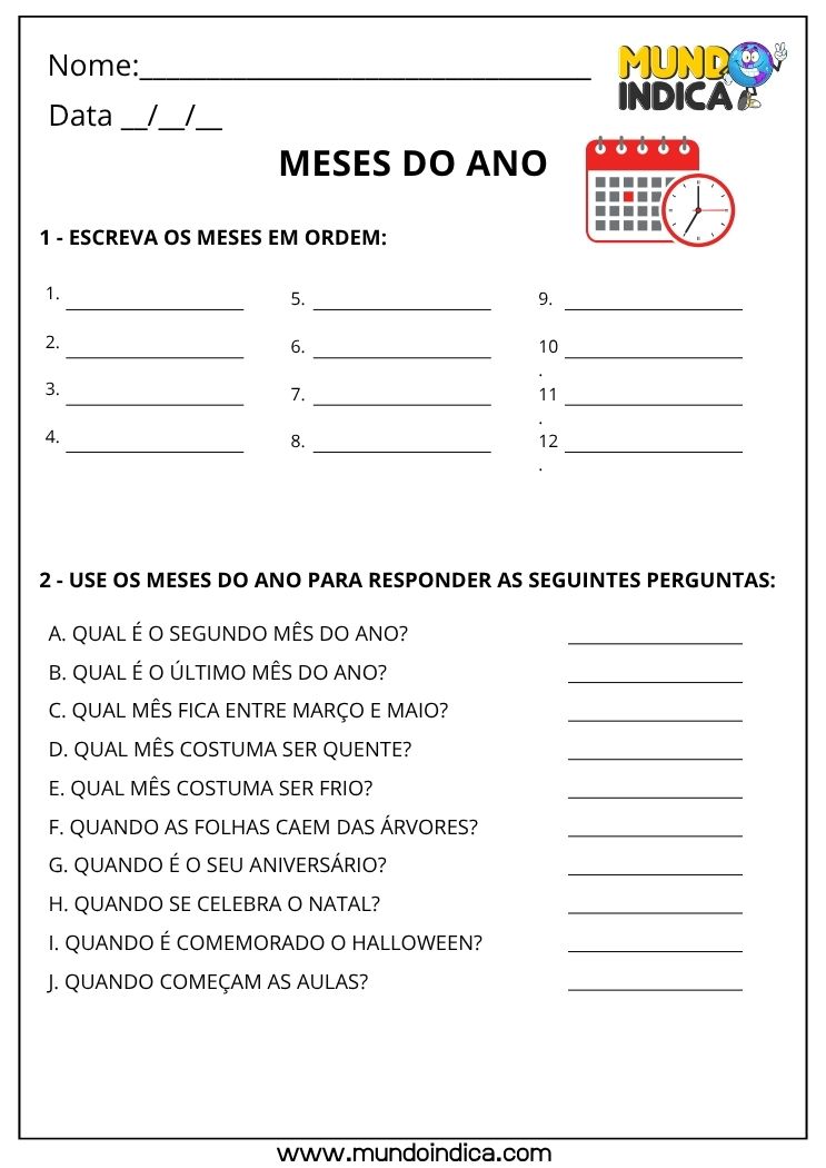 Atividade de Matemática 1º Ano com Meses do Ano
