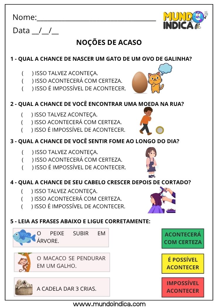 Atividade de Matemática 1º Ano com Noções de Acaso e Classificação de Eventos do Cotidiano para Imprimir