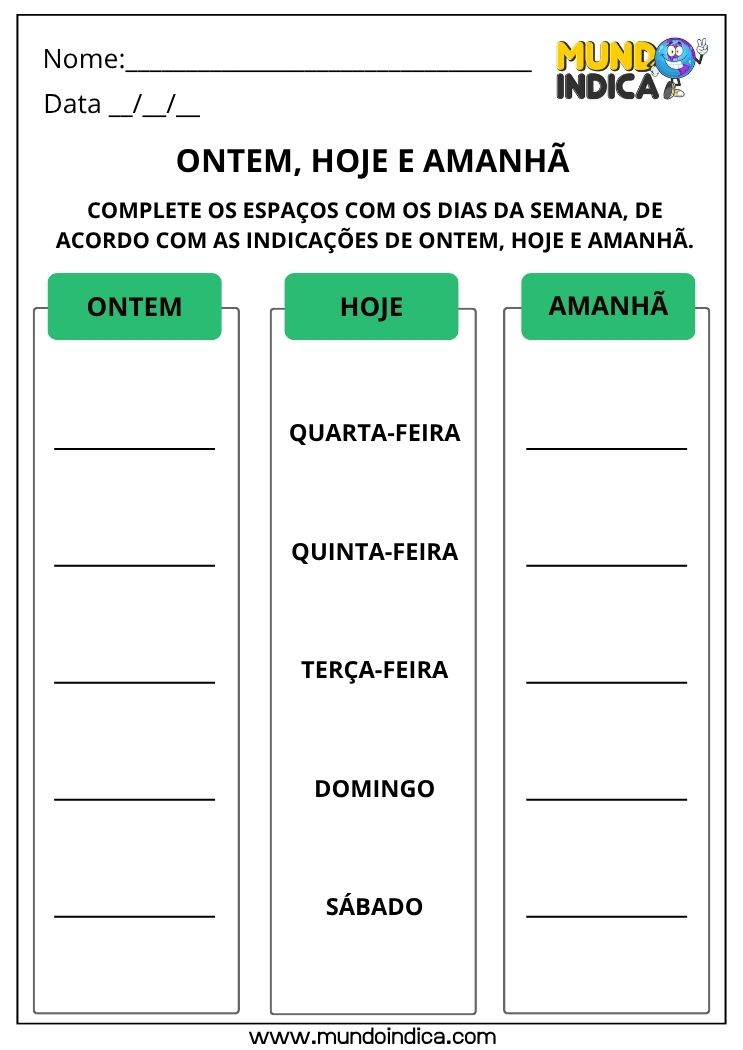 Atividade de Matemática 1º Ano com Ontem, Hoje e Amanhã