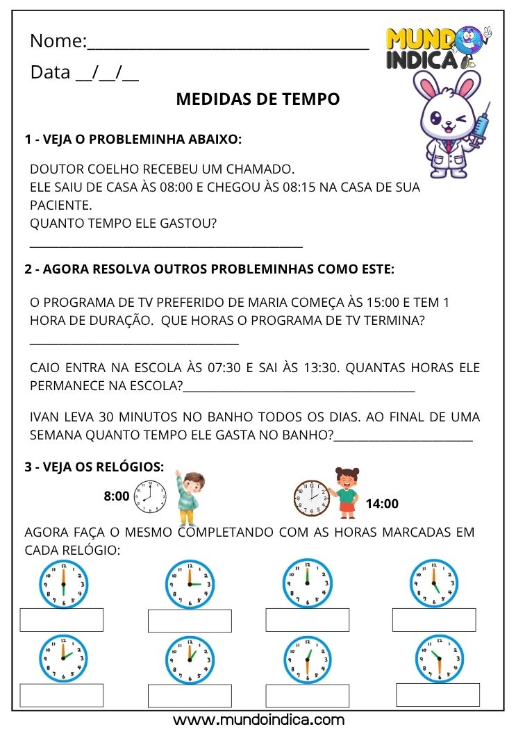 Atividade de Matemática 1º Ano com Problemas de Medidas de Tempo e Leitura de Horas