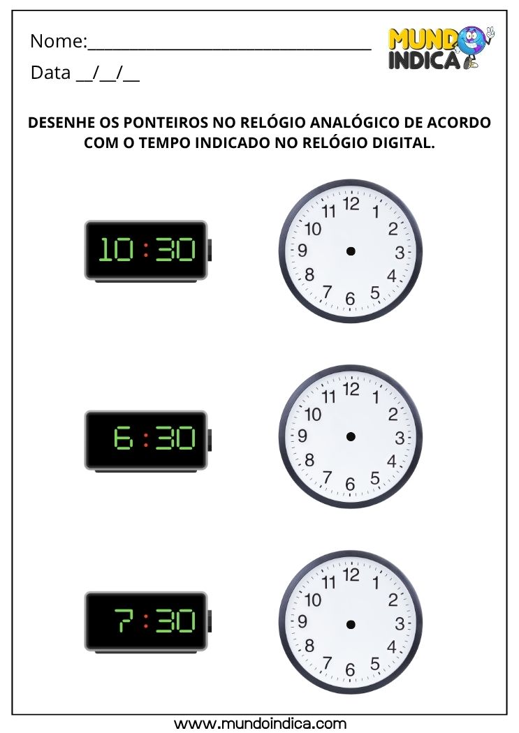 Atividade de Matemática 1º Ano com Relógio Analógico e Correspondência com Relógio Digital