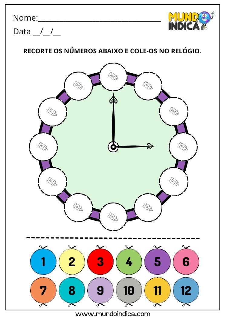 Atividade de Matemática 1º Ano com Relógio para Recorte e Montagem