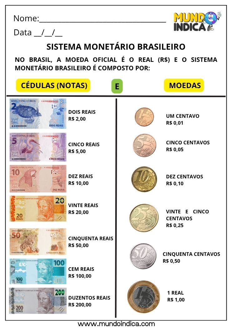 Atividade de Matemática 1º Ano com Sistema Monetário Brasileiro