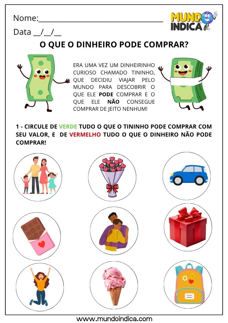 Atividade de Matemática 1º Ano com Uso do Dinheiro no Cotidiano