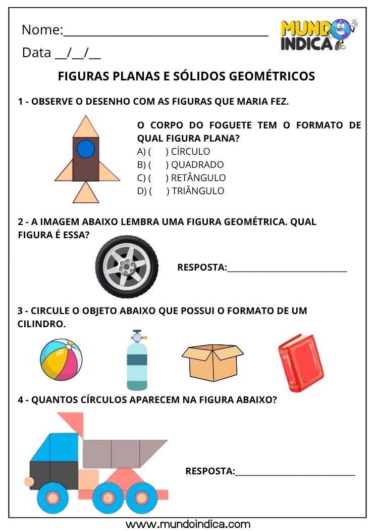 Atividade de Matemática 1º Ano sobre Figuras Planas e Sólidos Geométricos para Imprimir (EF01MA13)