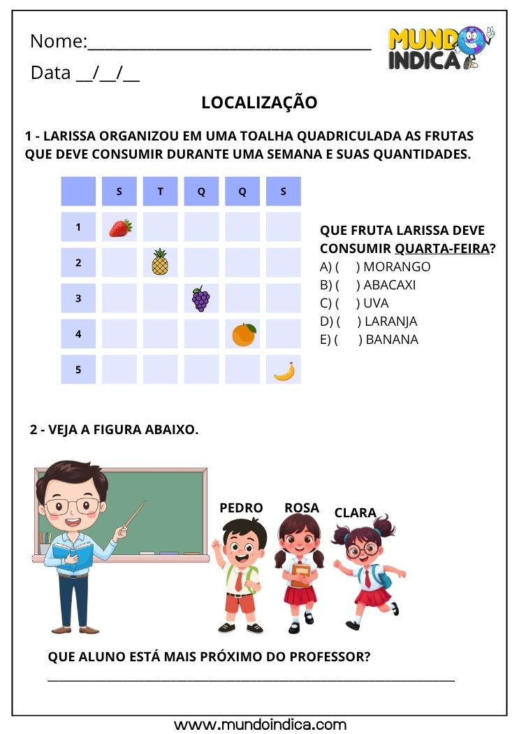 Atividade de Matemática 1º Ano sobre Localização para Imprimir segundo a BNCC (EF01MA12)