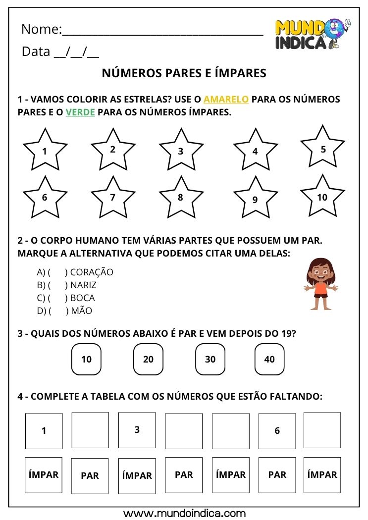 Atividade de Matemática 1º ano com Números Pares e Ímpares