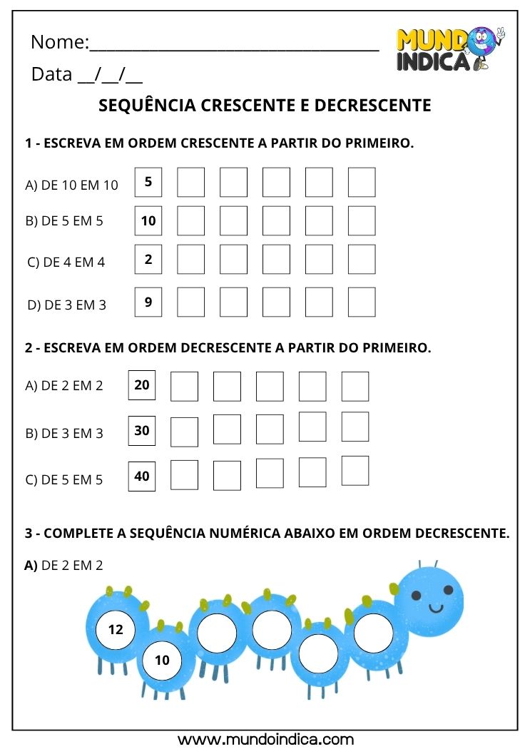 Atividade de Matemática 1º ano com Sequência Crescente e Decrescente para Imprimir