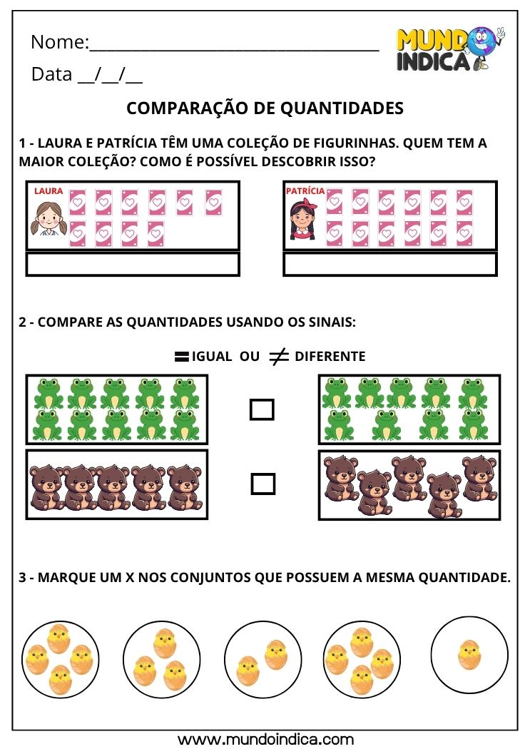 Atividade de Matemática 1º ano sobre Comparação de Quantidades