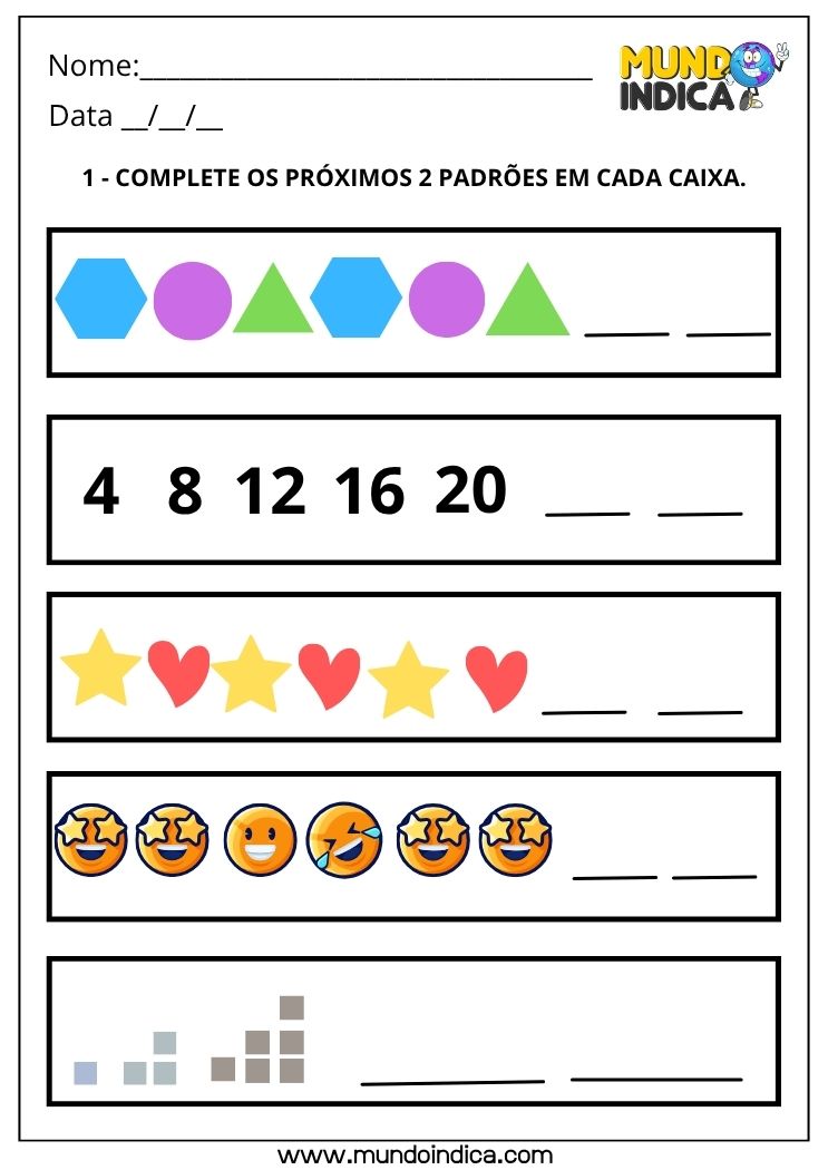 Atividade de Matemática 1º ano sobre Padrões Figurais e Numéricos para Imprimir