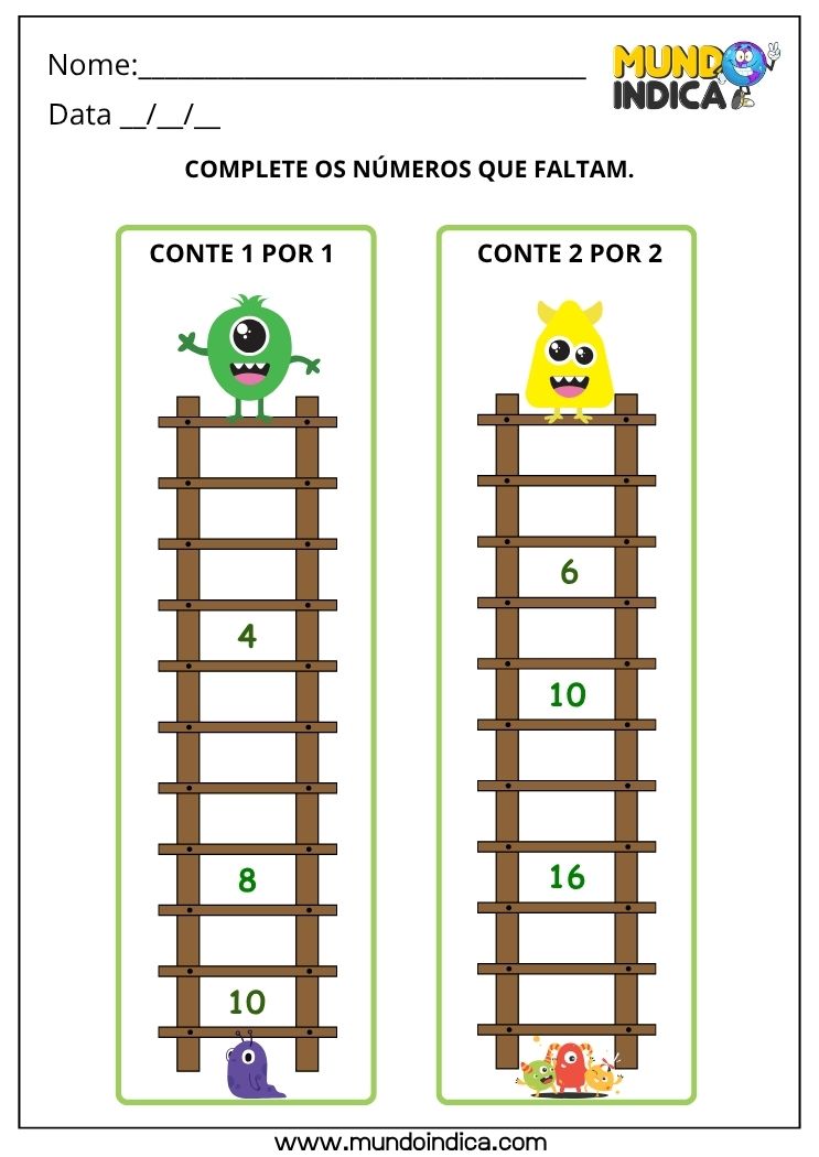 Atividade de Matemática 1º ano sobre Sequência Numérica e Contagem de 1 em 1 e de 2 em 2