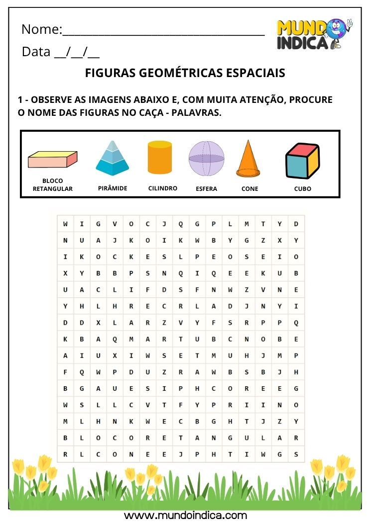 Atividade de Matemática 2º Ano com Figuras Geométricas Espaciais e Caça-Palavras (EF02MA14)