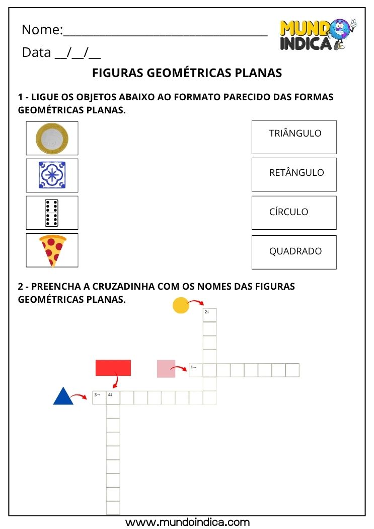 Atividade de Matemática 2º Ano com Figuras Geométricas Planas e Cruzadinha (EF02MA15)