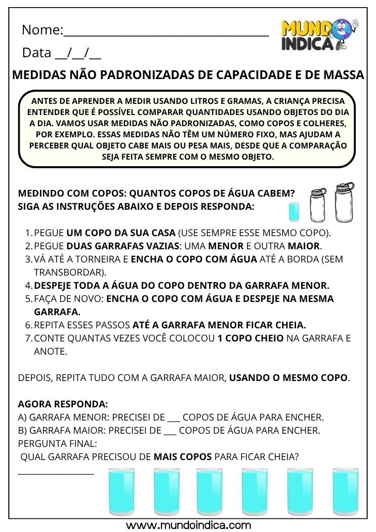 Atividade de Matemática 2º Ano com Medidas Não Padronizadas de Capacidade e Massa usando Copos e Garrafas