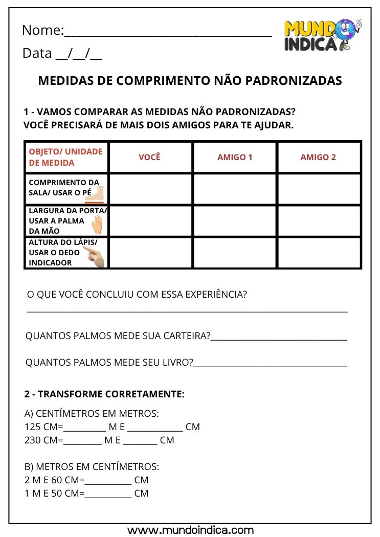 Atividade de Matemática 2º Ano com Medidas de Comprimento Não Padronizadas e Transformação de Centímetros e Metros