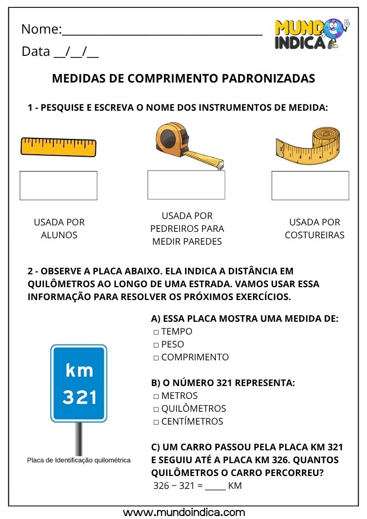 Atividade de Matemática 2º Ano com Medidas de Comprimento Padronizadas, Instrumentos de Medida e Quilômetros