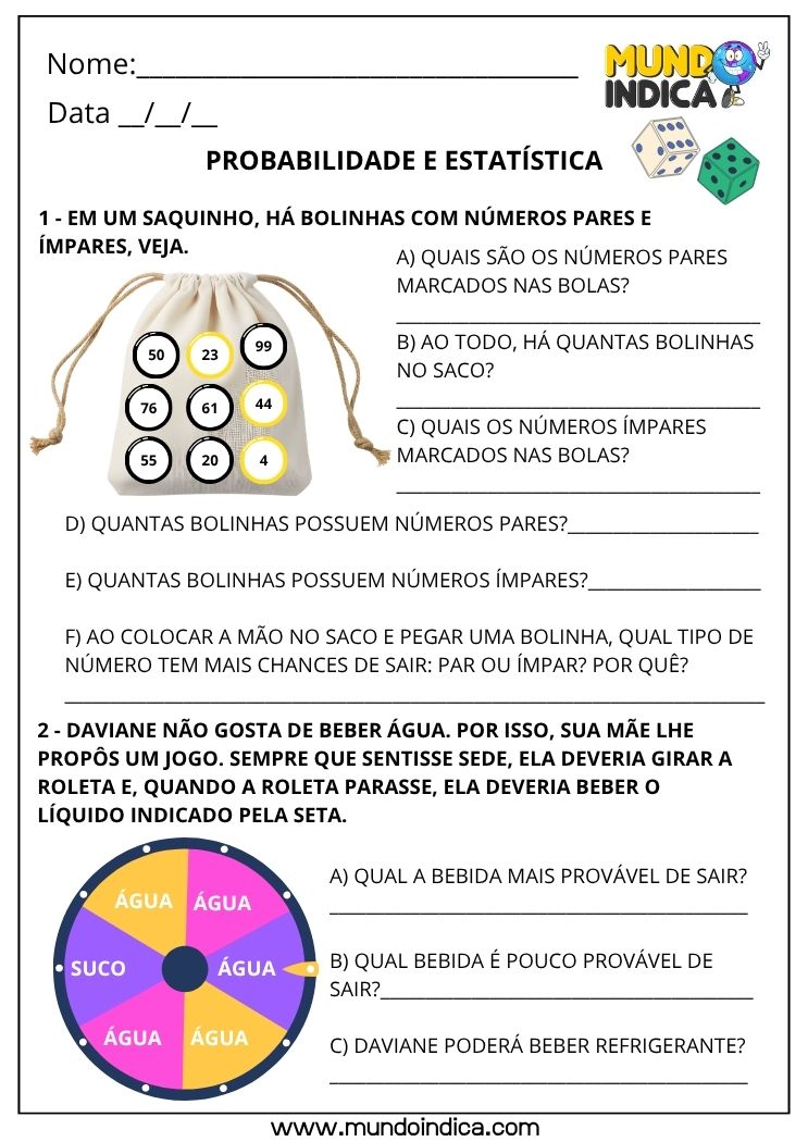 Atividade de Matemática 2º Ano com Números Pares e Ímpares, Probabilidade e Roleta (EF02MA21)