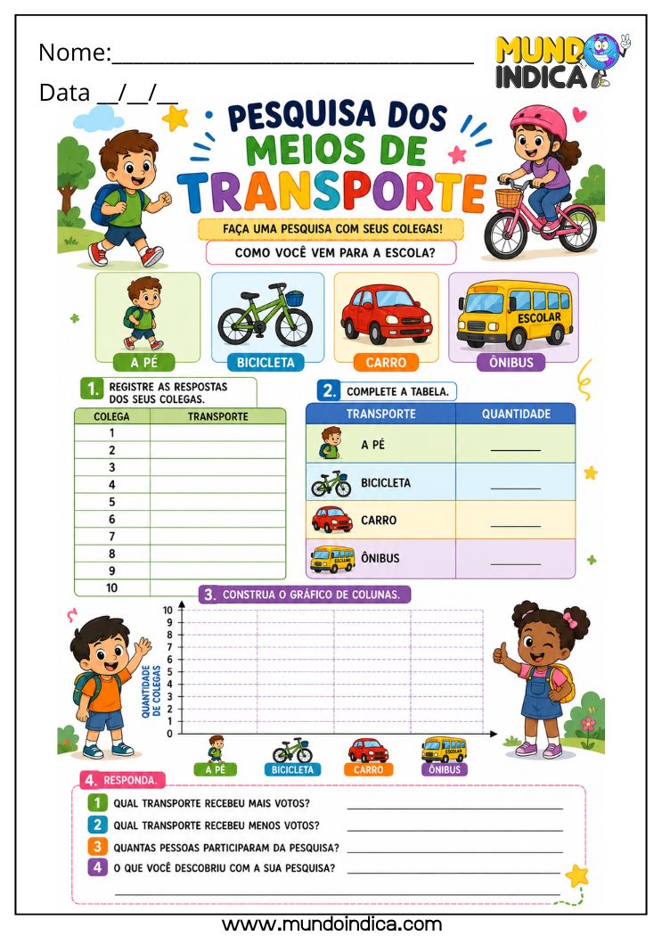 Atividade de Matemática 2º Ano com Pesquisa, Tabela e Gráfico de Colunas sobre Meios de Transporte (EF02MA23)