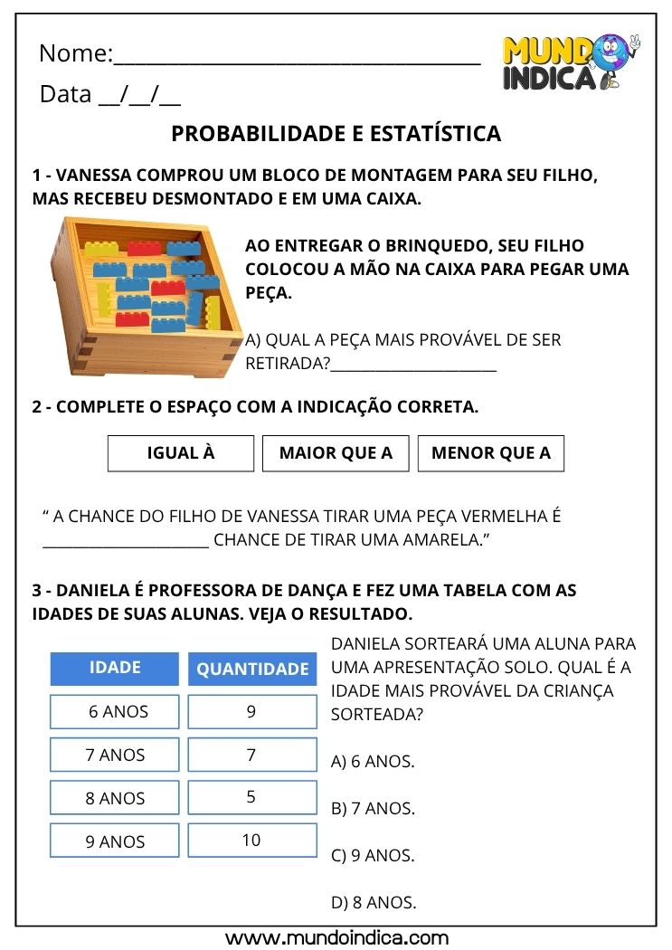 Atividade de Matemática 2º Ano com Probabilidade, Comparação de Chances e Leitura de Tabela