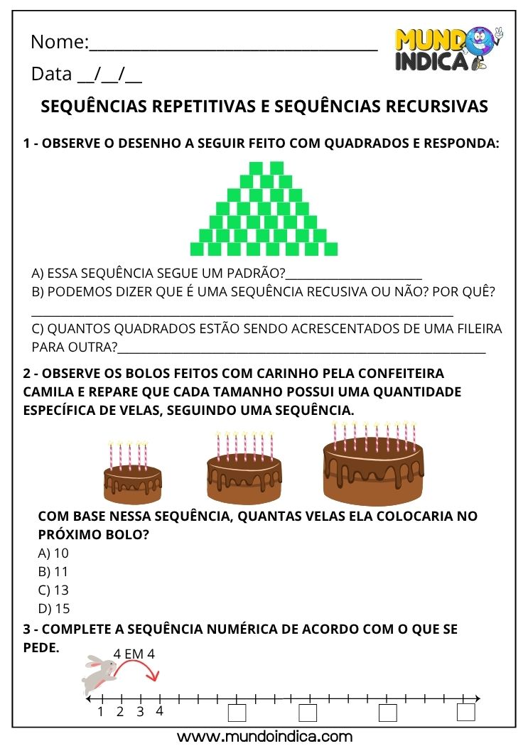 Atividade de Matemática 2º Ano com Sequências Repetitivas e Recursivas com Padrões de Figuras e Sequência Numérica