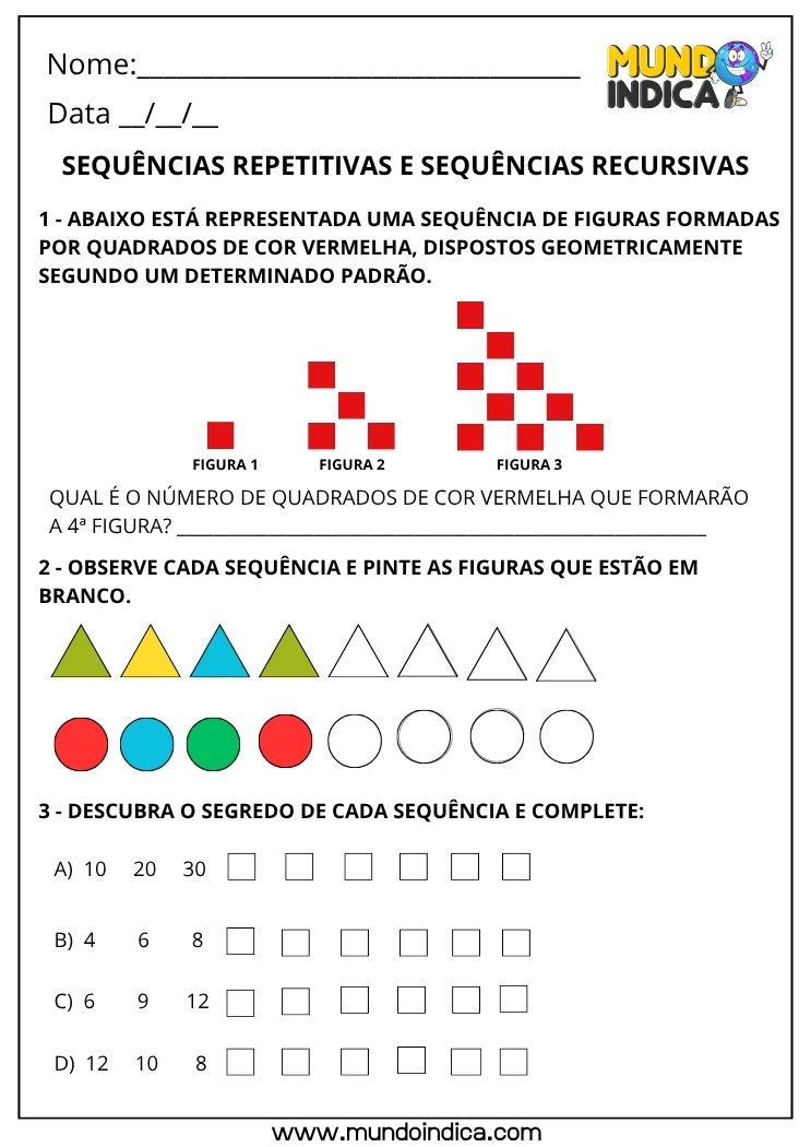 Atividade de Matemática 2º Ano com Sequências Repetitivas e Recursivas em Ordem Crescente e Decrescente