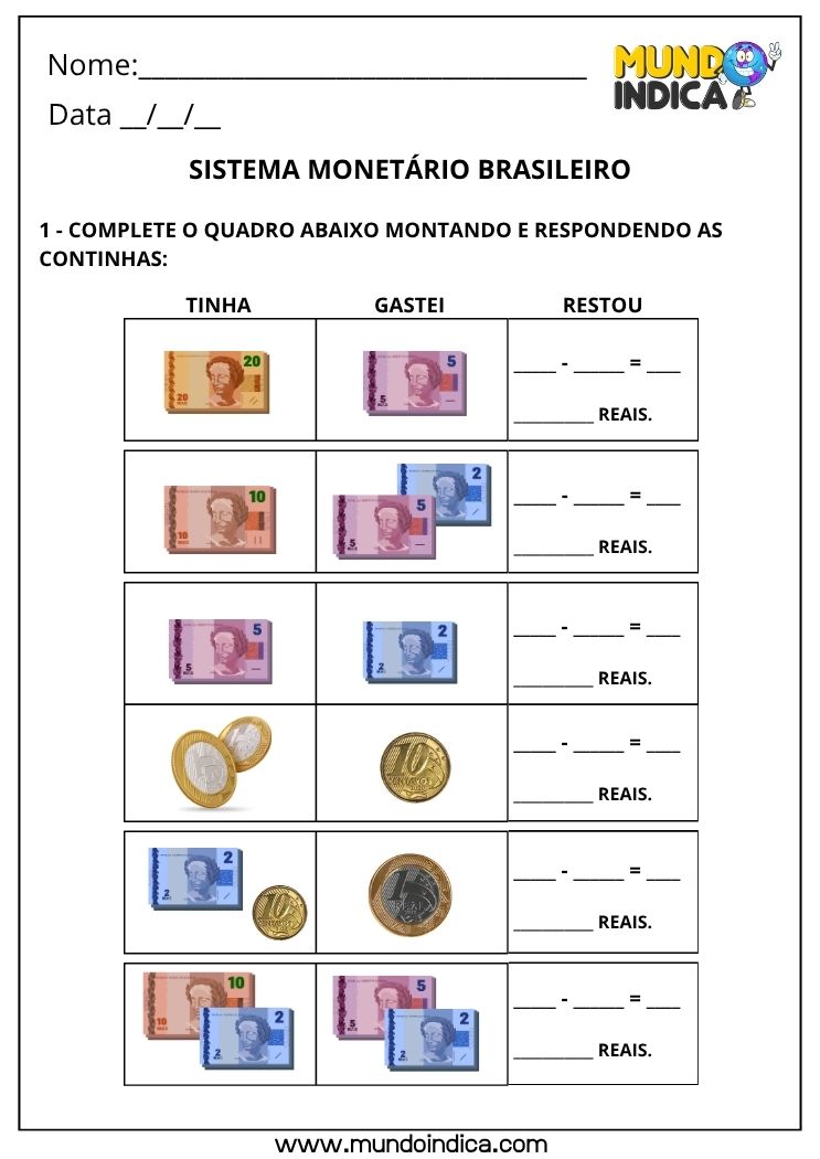 Atividade de Matemática 2º Ano com Sistema Monetário Brasileiro, Cédulas, Moedas e Subtração de Valores