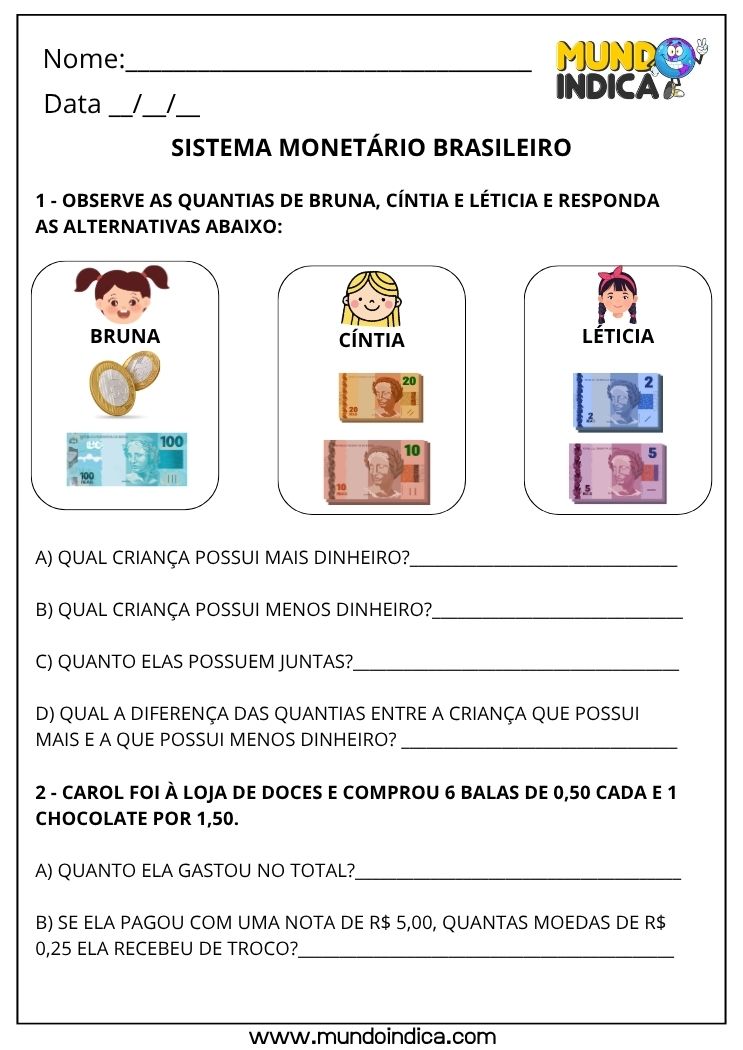 Atividade de Matemática 2º Ano com Sistema Monetário Brasileiro com Situações-Problema