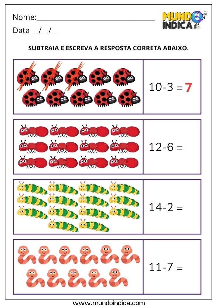 Atividade de Matemática 2º Ano com Subtração Ilustrada e Contagem de Insetos para Imprimir