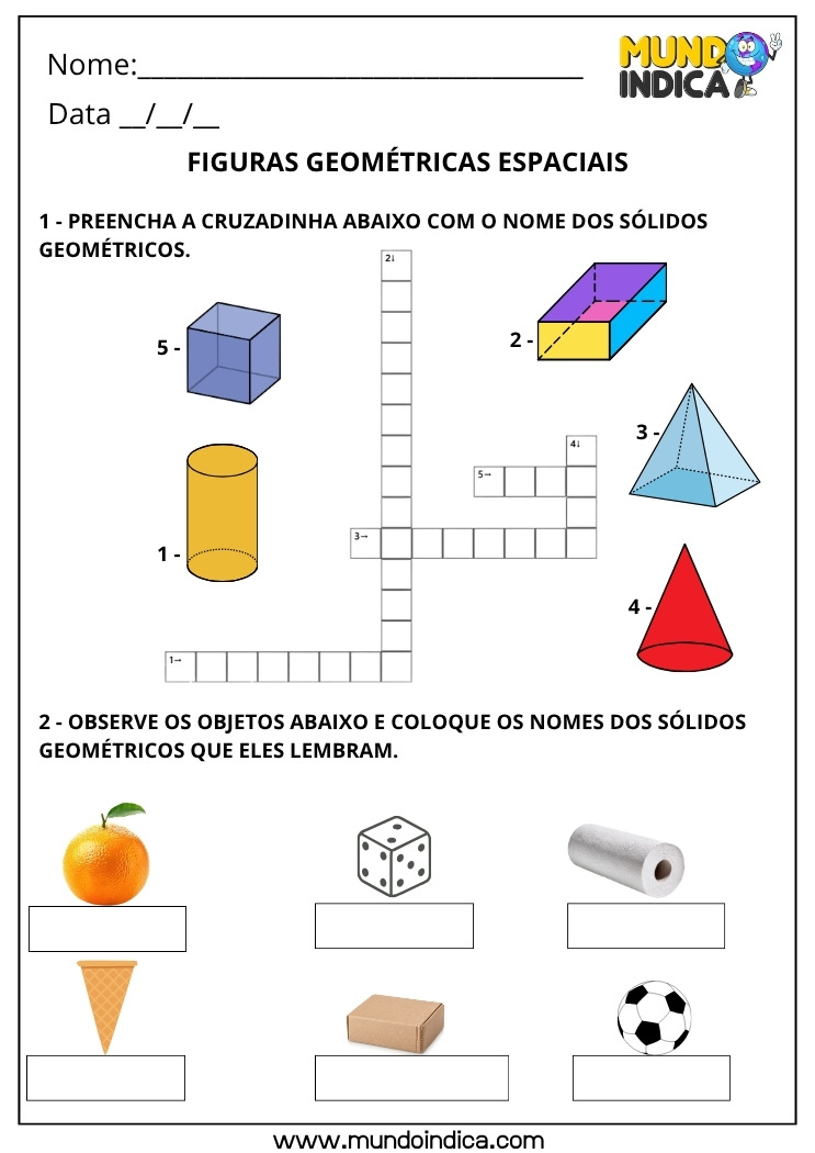 Atividade de Matemática 2º ano sobre Figuras Geométricas Espaciais