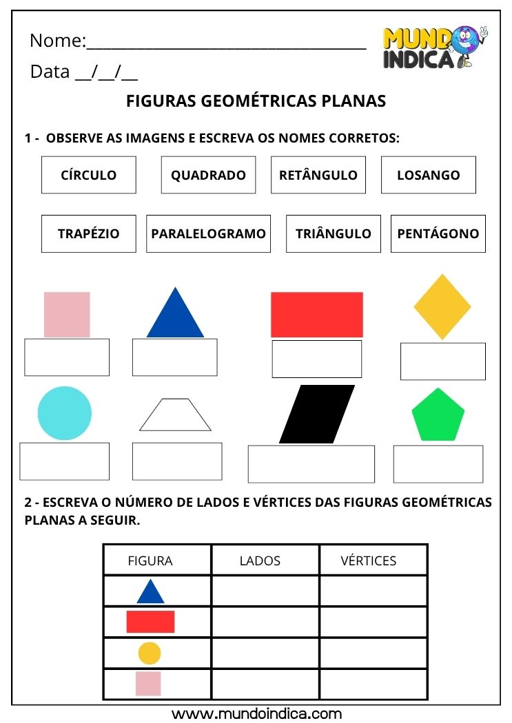 Atividade de Matemática 2º ano sobre Figuras Geométricas Planas