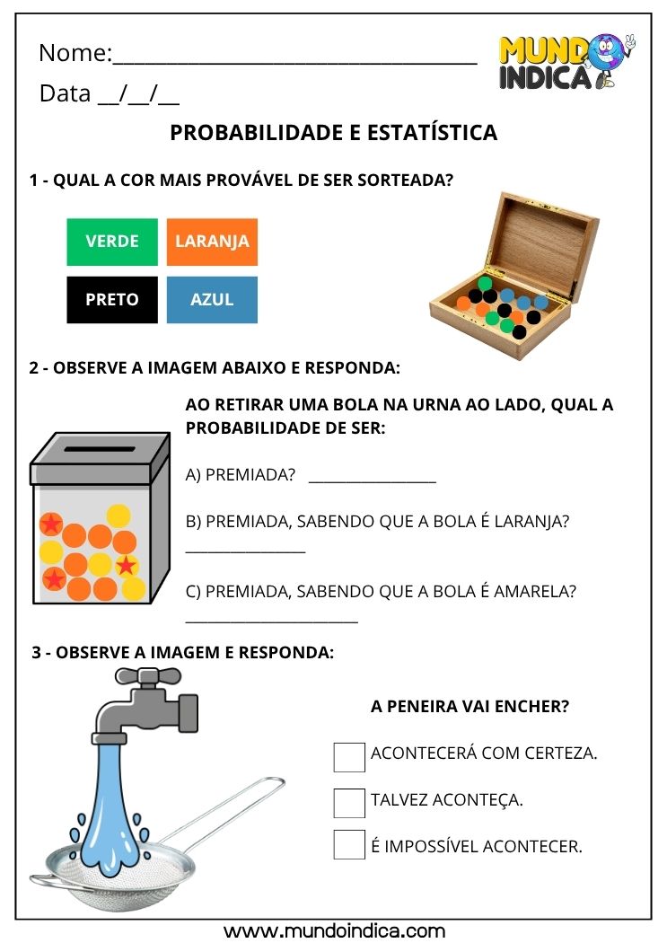 Atividade de Matemática 2º ano sobre Probabilidade e Estatística