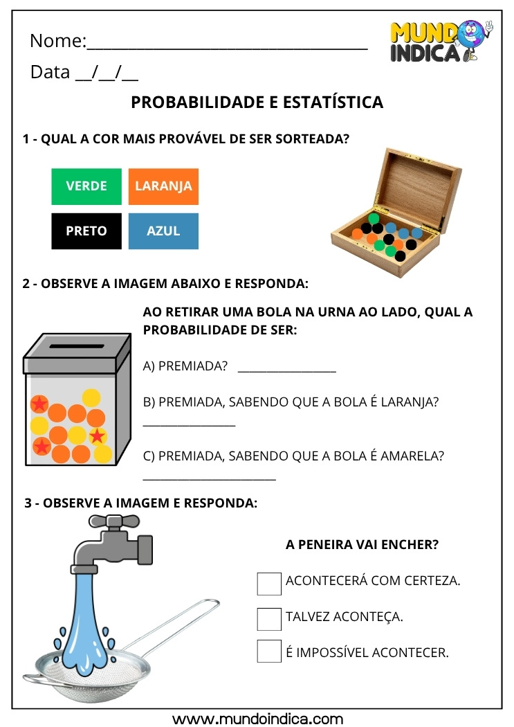Atividade de Matemática 2º ano sobre Probabilidade e Estatística