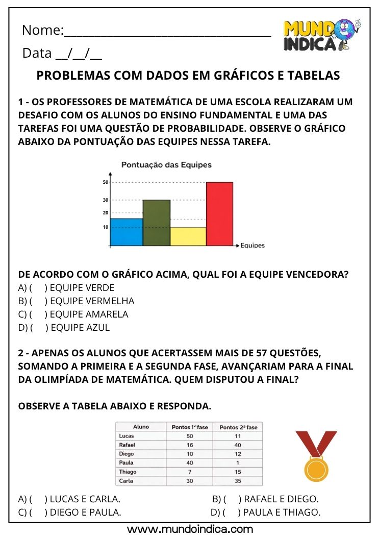 Atividade de Matemática 3º Ano com Interpretação de Dados em Gráfico e Tabela