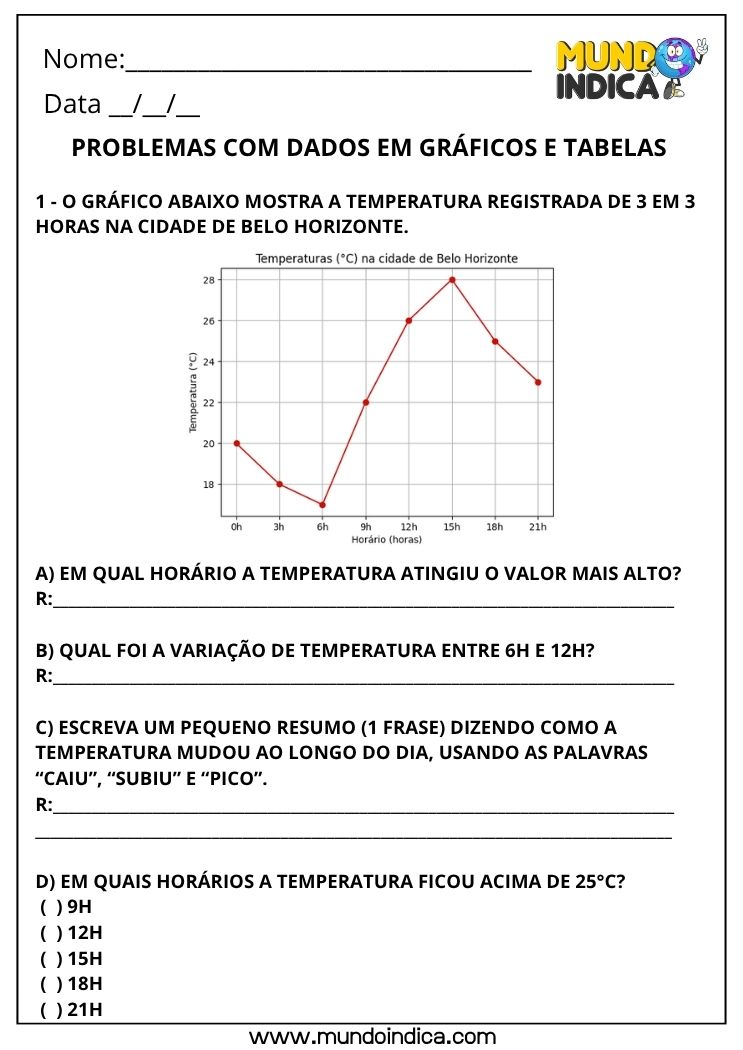 Atividade de Matemática 3º Ano com Leitura e Interpretação de Gráfico de Temperatura