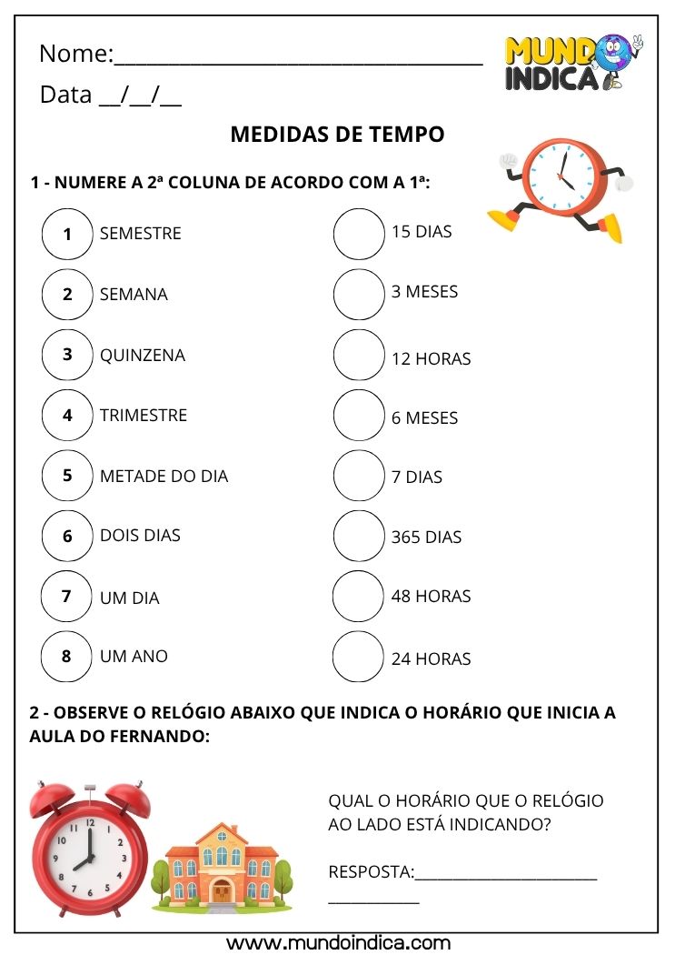 Atividade de Matemática 3º Ano com Medidas de Tempo, Relação entre Unidades de Tempo e Leitura de Relógio Analógico