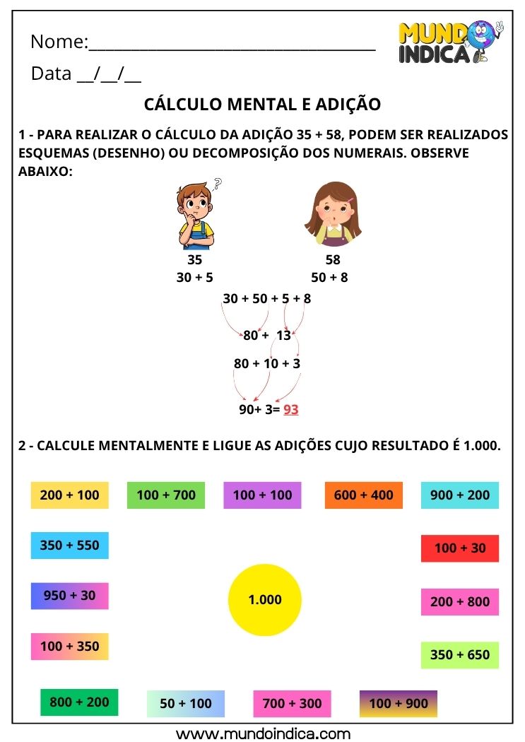 Atividade de Matemática 3º Ano de Cálculo Mental com Adição para Imprimir