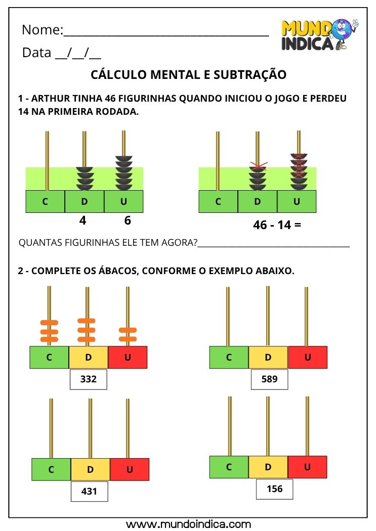 Atividade de Matemática 3º Ano de Cálculo Mental com Subtração para Imprimir