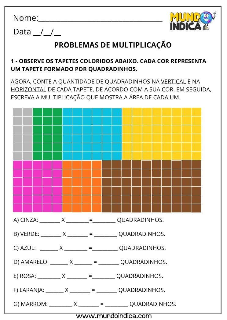 Atividade de Matemática 3º Ano de Multiplicação para Imprimir (Parcelas Iguais e Organização Retangular)