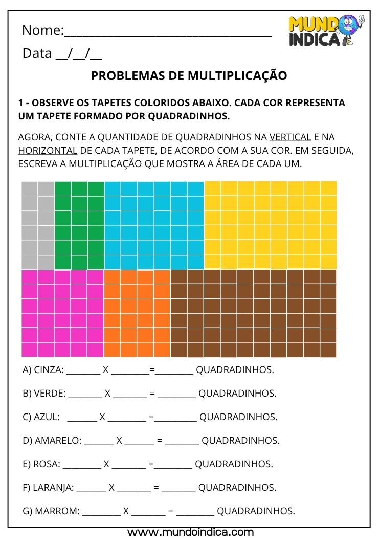 Atividade de Matemática 3º Ano de Multiplicação para Imprimir (Parcelas Iguais e Organização Retangular)