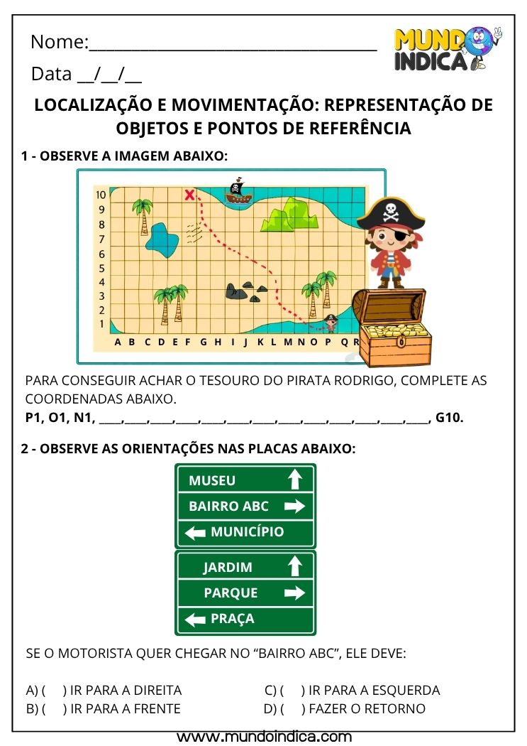 Atividade de Matemática 3º Ano sobre Localização e Movimentação para Imprimir (EF03MA12)